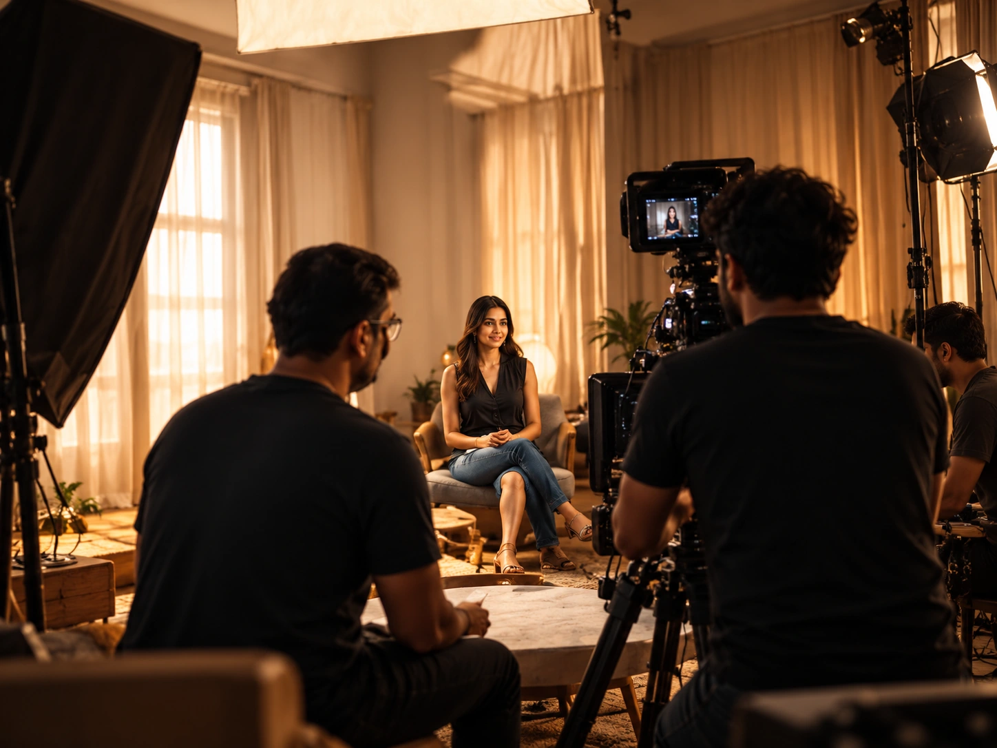 The creative team working together on set