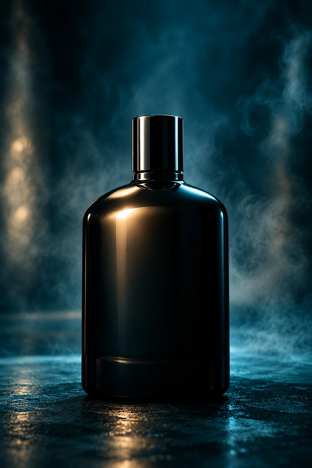 Black fragrance bottle in a dark teal studio setting