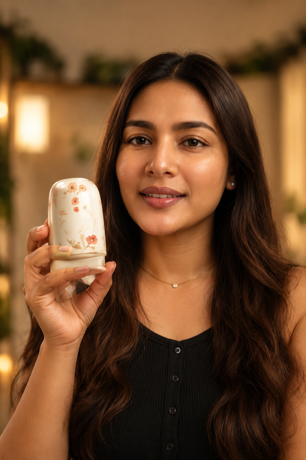 Skincare creator holding a cosmetic product